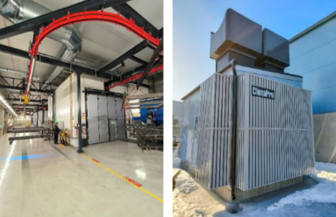 Photo: Amada Automation Europe headquarters, factory exterior / Heat recovery pumps that reuse residual heat from drying furnaces for hot water heating systems