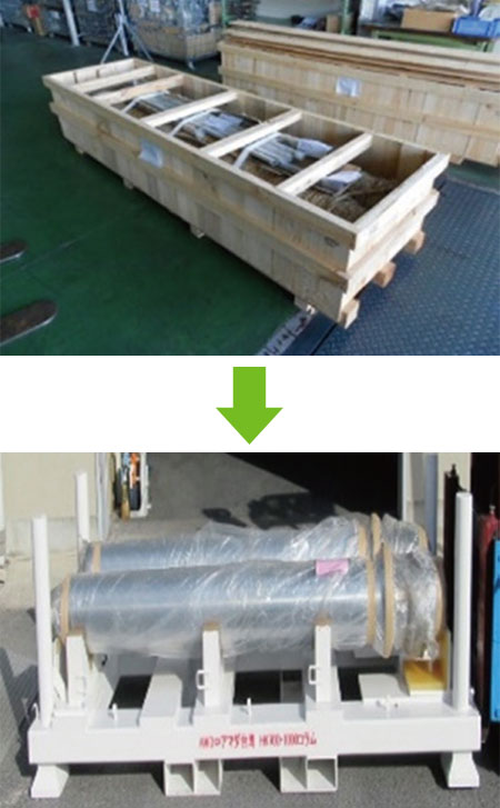 写真：木製パレットで梱包し輸送される部品→写真：繰り返し使用出来る専用パレットで輸送される部品