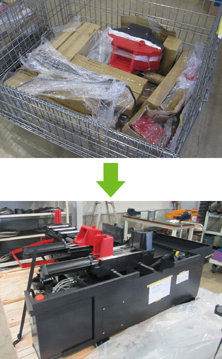 写真：個別にビニール梱包されパレットに入れられて納品される部品→写真：複数の部品が組み立てられた状態で納品