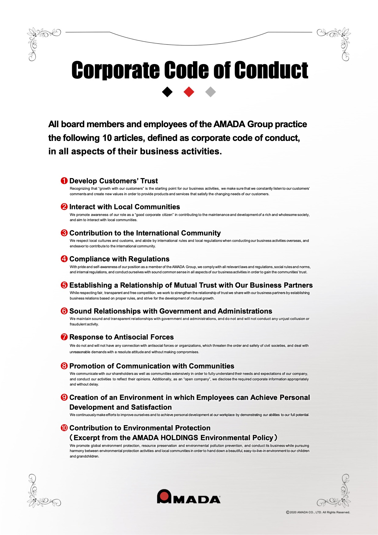 Corporate Code Of Conduct AMADA CO LTD 