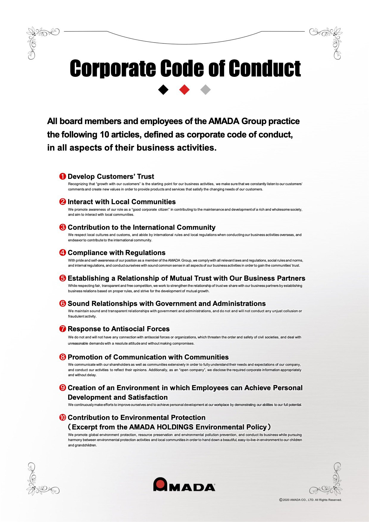 Corporate Code Of Conduct AMADA CO LTD 